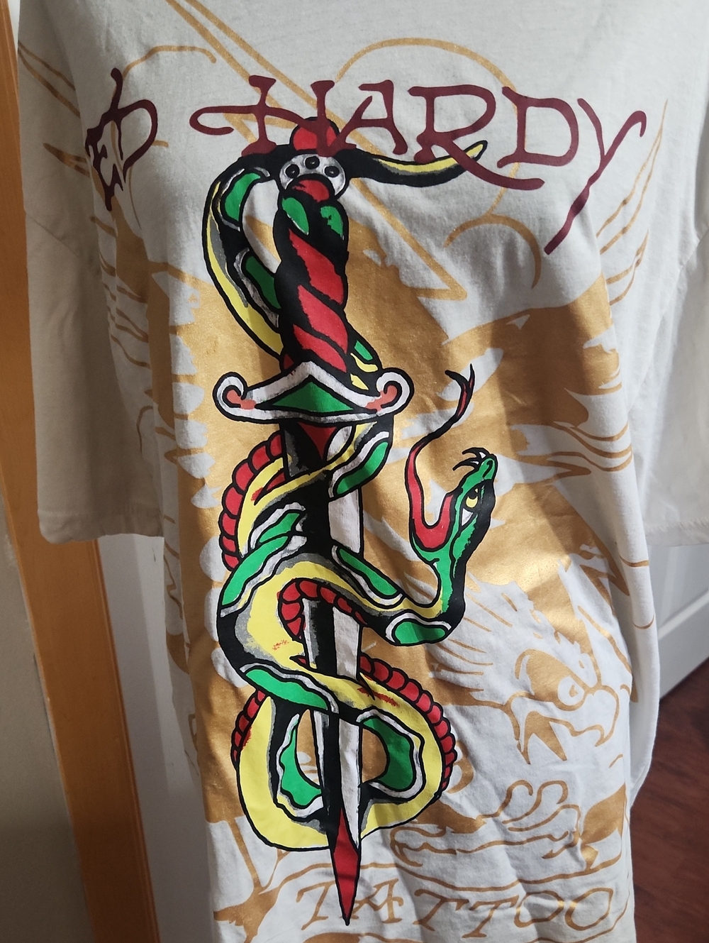 Ed Hardy Cream Tee with Red, Green & Gold Snake Dagger Flash Art Graphic